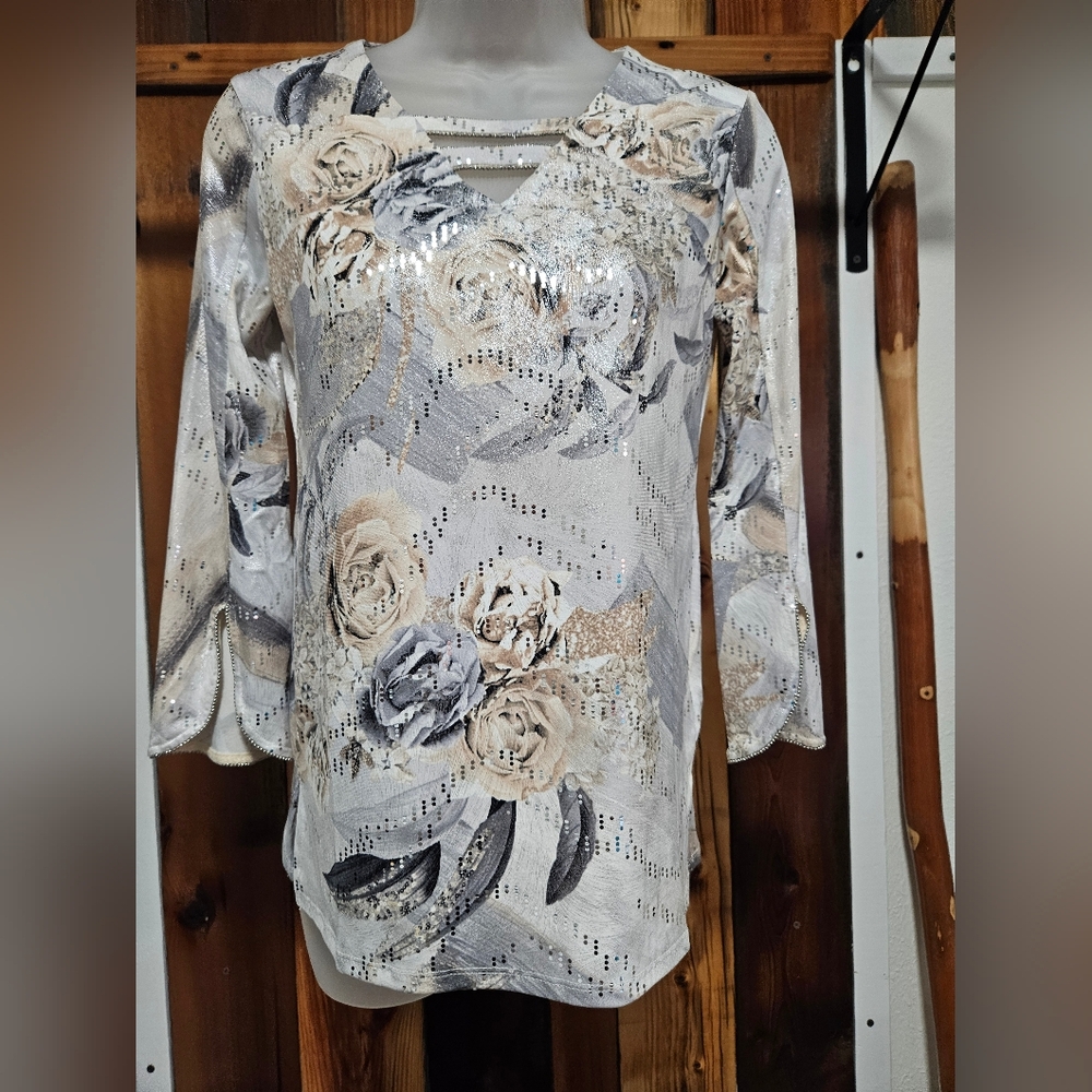 JM Collection Silver Floral Sequin Blouse